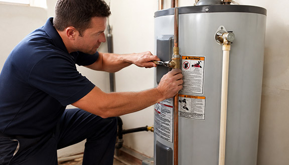 Matthew is using a wrench on the copper pipe fittings of a residential water heater