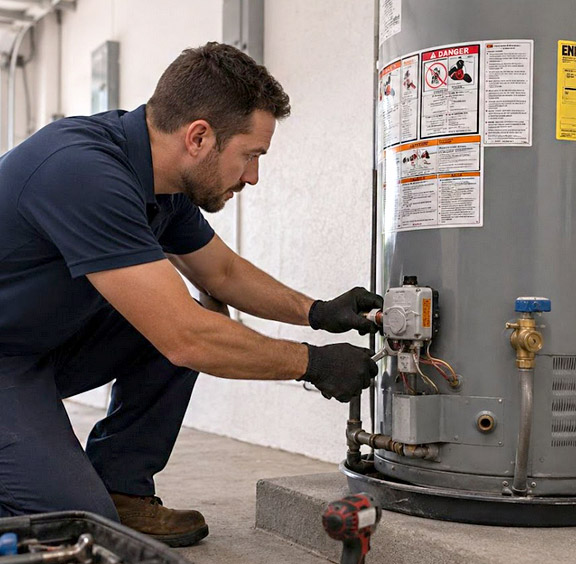 Paul is working on a water heater repair by fixing the thermostat